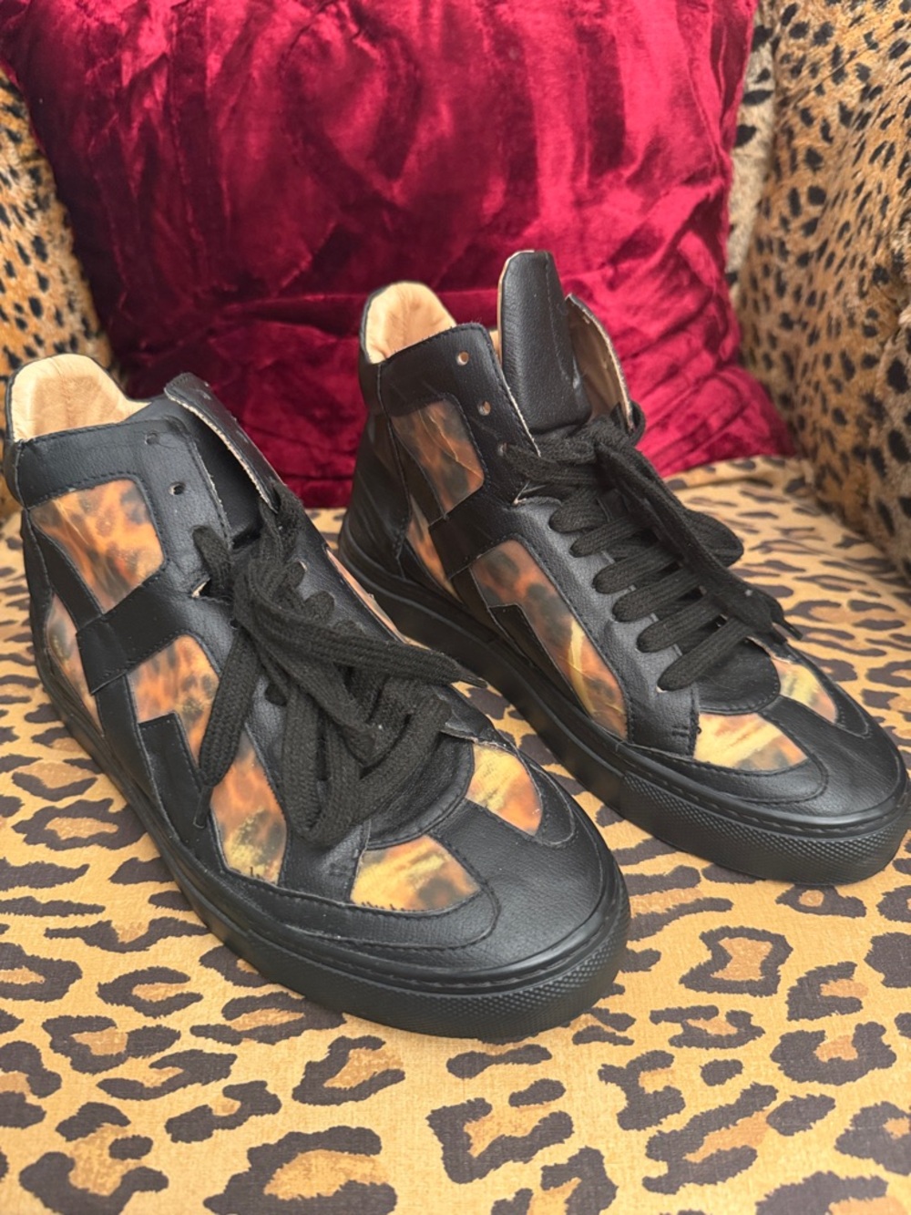 Madison Margiella Women’s Black Sneakers with Leopard accents in designer bag
